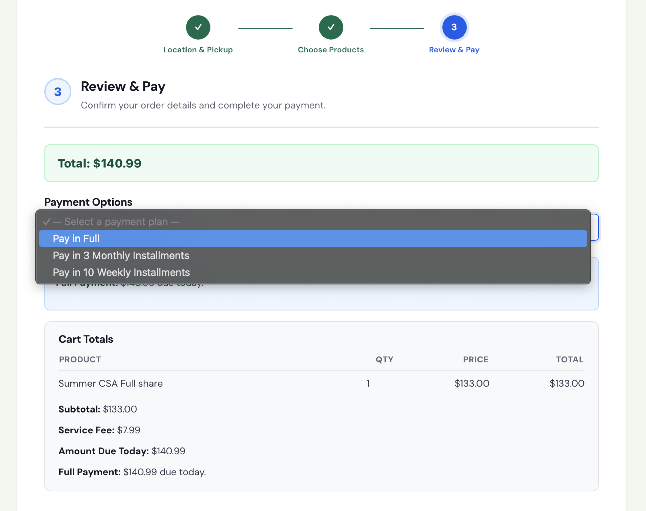 CSA payment plan checkout — option two