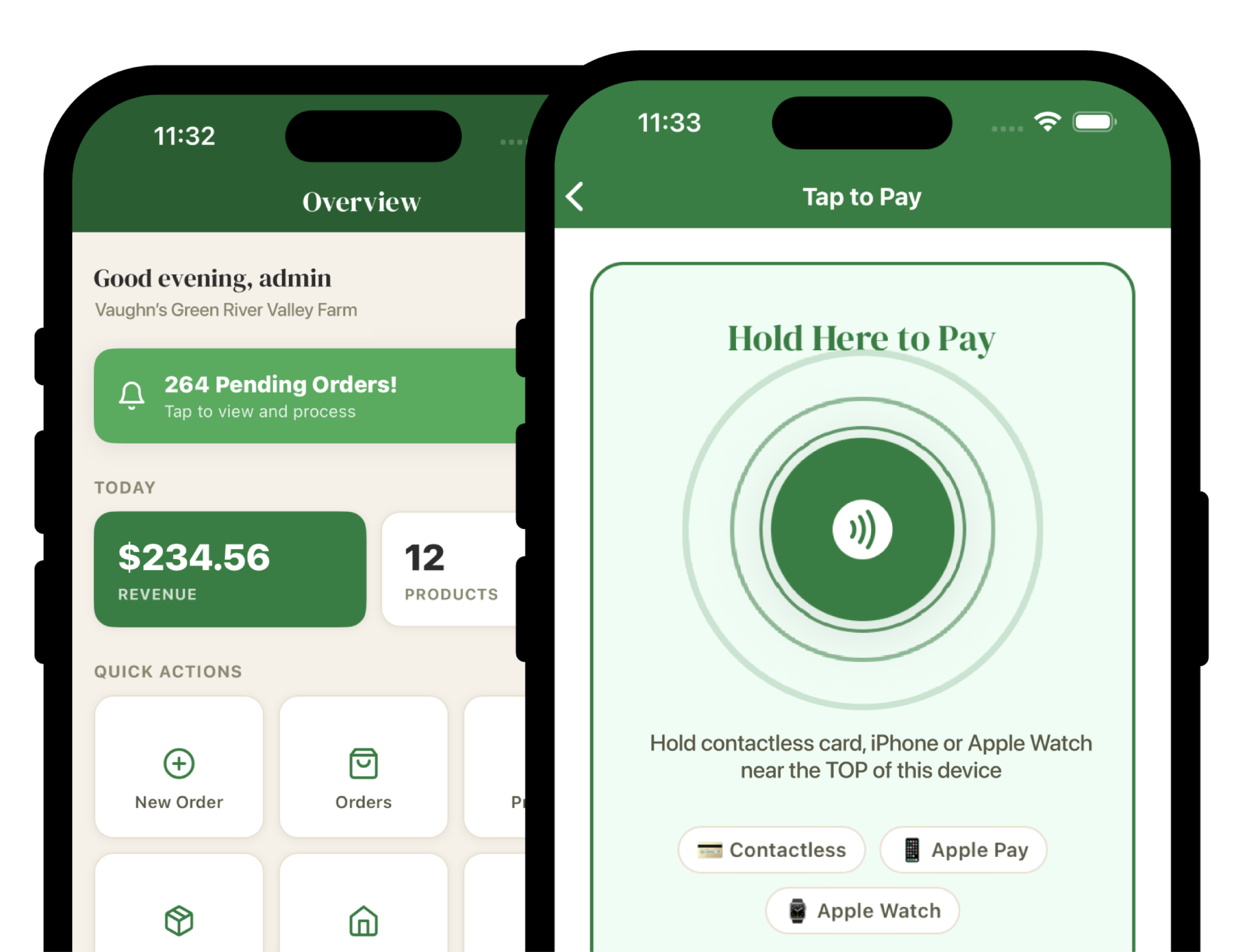 FarmTab Store Manager app showing the dashboard and Tap to Pay screen